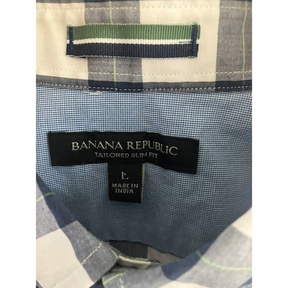 Banana Republic Large Slim Fit White & Blue Plaid Short Sleeved Shirt Preppy - Picture 4 of 8